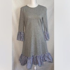 Eliza J NORDSTROM Dress Womens Gray Ponte Knit Blue White Ruffle Trim Size 2
